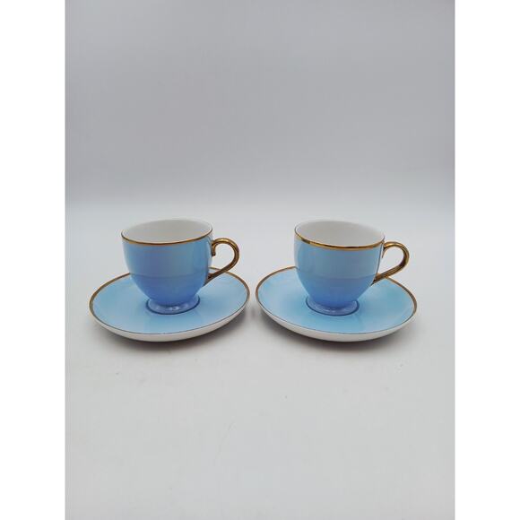 Ralph Lauren Hampton’s Tea Sky Blue with Gold Trim CUPS & SAUCERS Set Of 2 Vtg - Picture 4 of 10